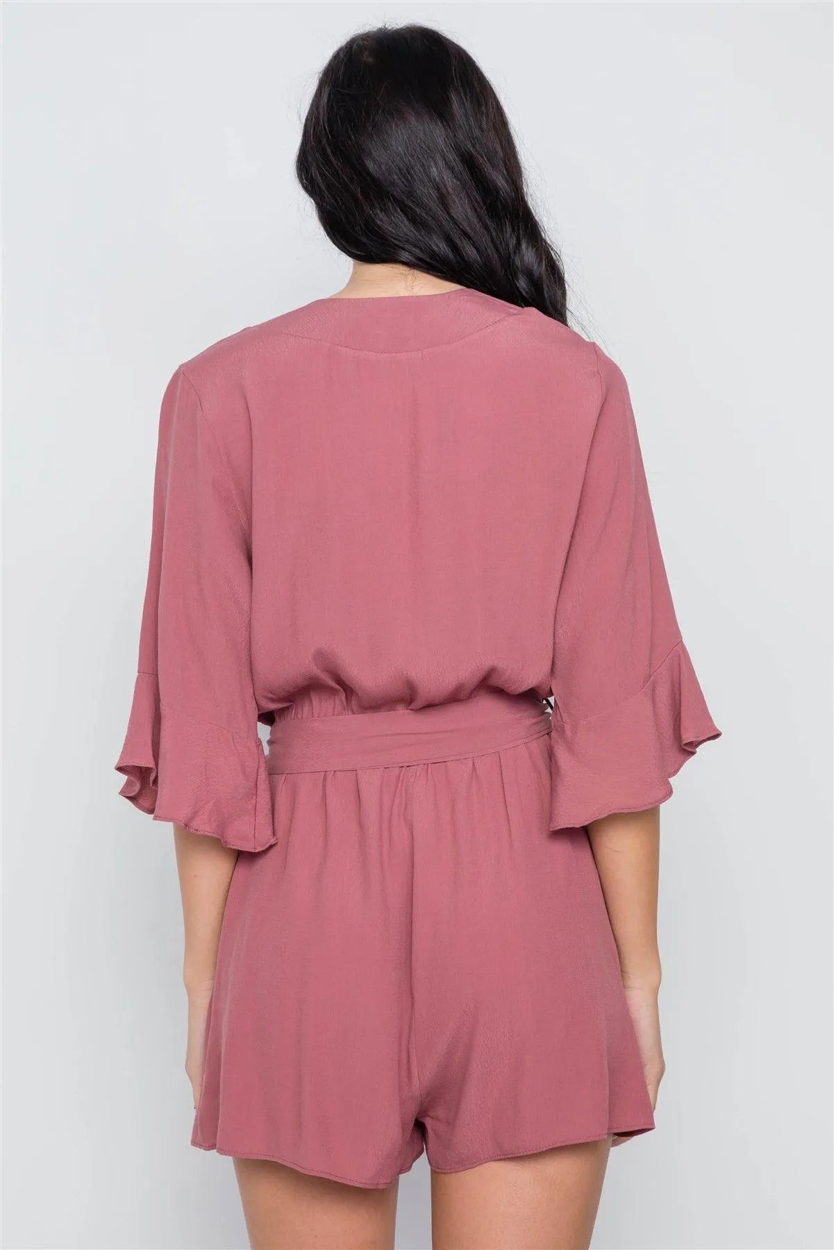Mauve Surplice V-Neck 3/4 Bell Sleeve Boho Romper / 1-2-2-1 - Tasha Apparel Wholesale