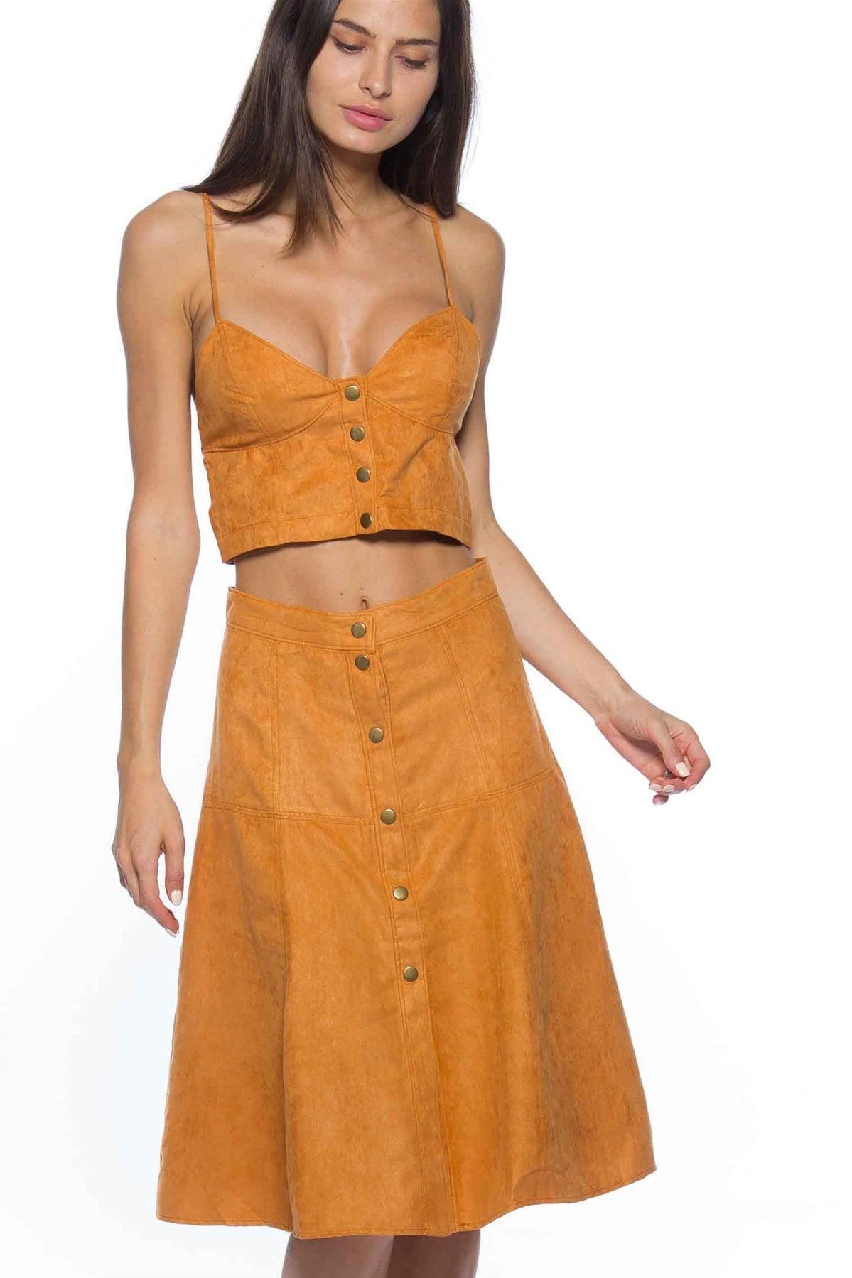 Suede Camel Buttoned Two Piece Set - cropped top & maxi skirt /3-2-1