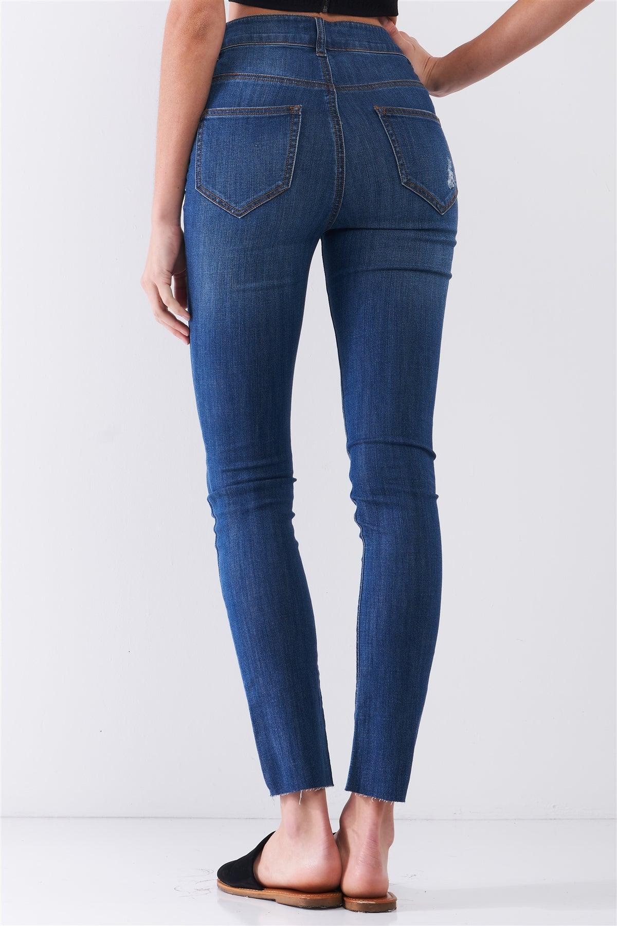 Medium Blue Denim Mid-Rise Ripped Detail Skinny Jean Pants