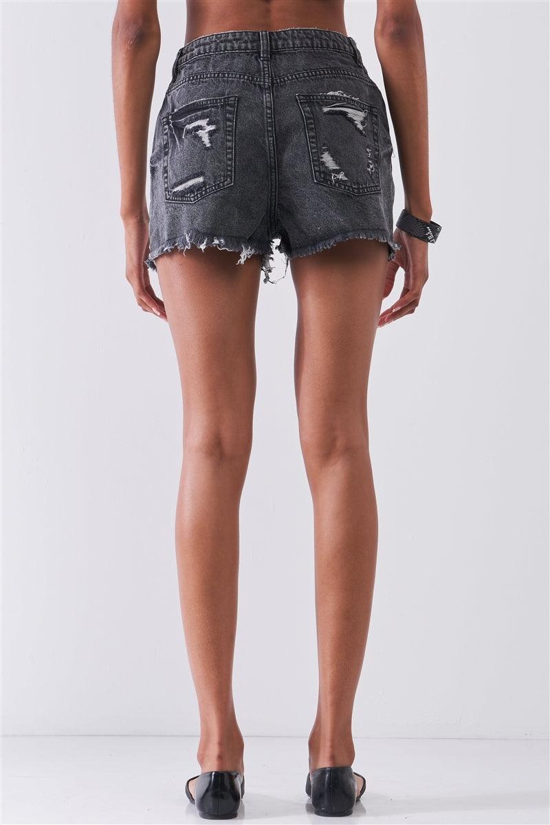 Black Denim Ripped High-Waist Front Zip-Up Raw Hem Detail Distressed Mini Shorts