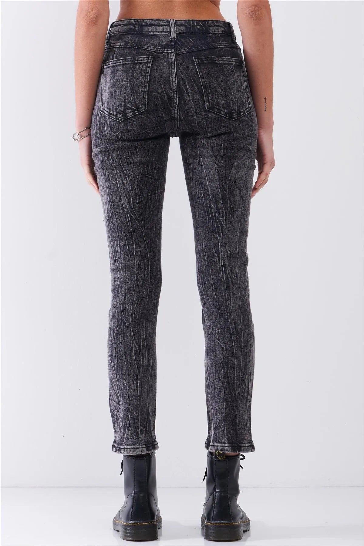 Black Acid Wash Wrinkle Effect Mid-Rise Ankle Length Denim Pants /3-2-1 - Tasha Apparel Wholesale