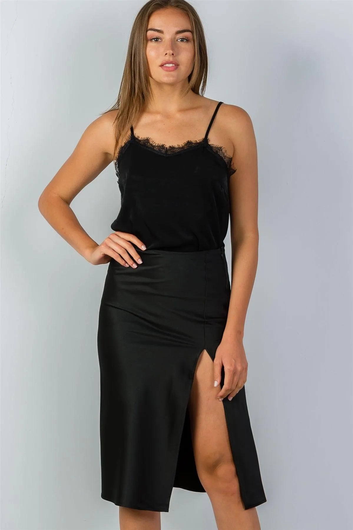 Black Side Slit Midi Skirt /3-2-1 - Tasha Apparel Wholesale