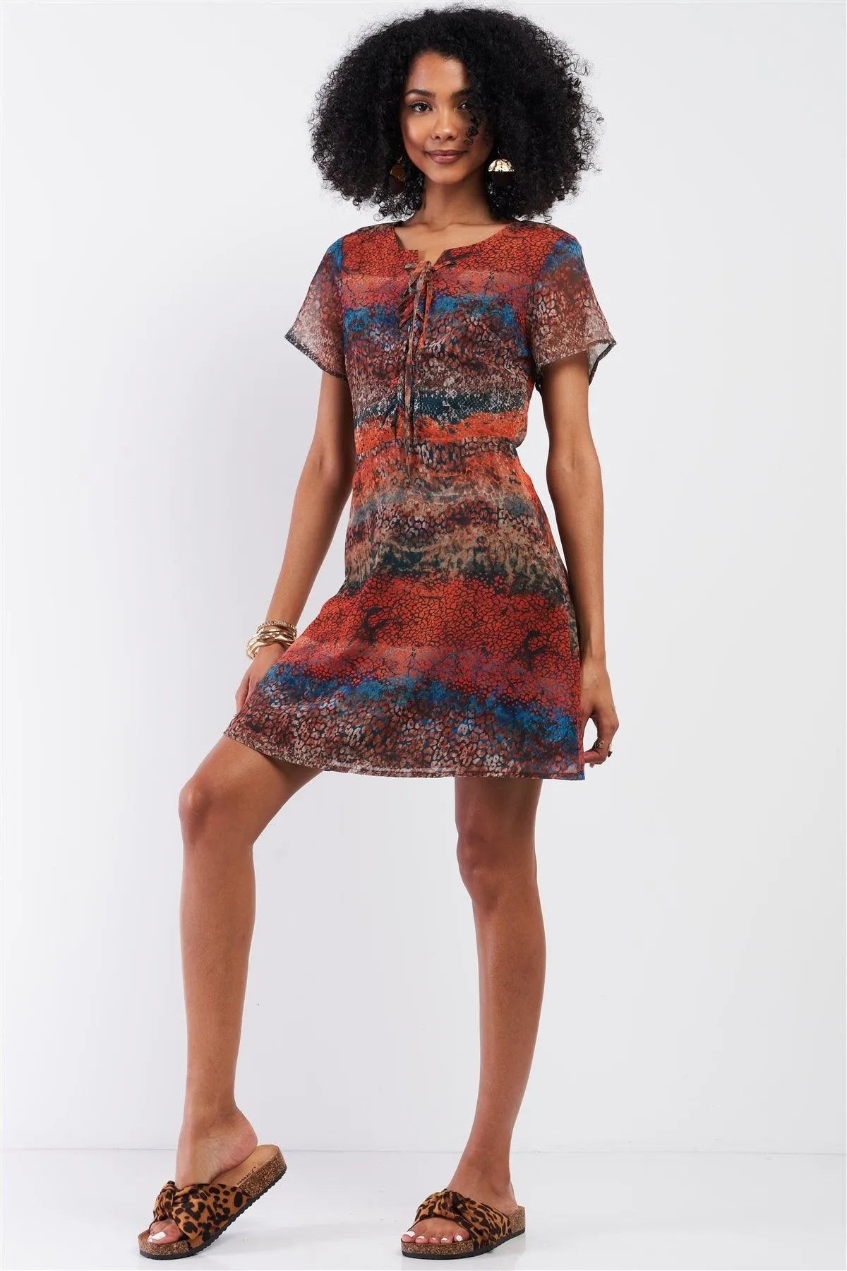 Multicolor Burnt Effect Lace-Up Chest Detail Relaxed Mini Dress /1-2-2-1 - Tasha Apparel Wholesale