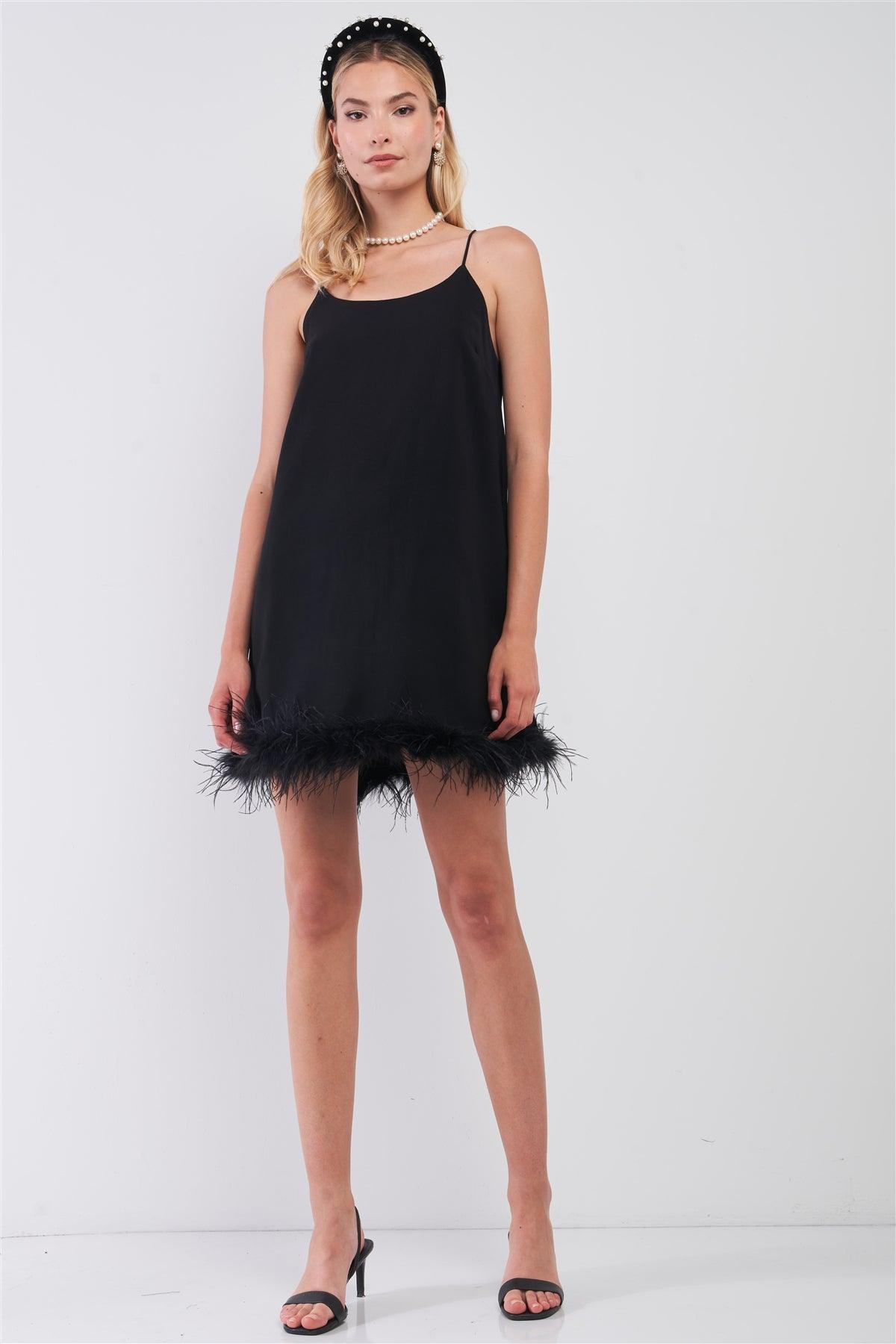 Black Vintage Sleeveless Round Neck Faux Ostrich Feathers Hem Trim Babydoll Mini Dress
