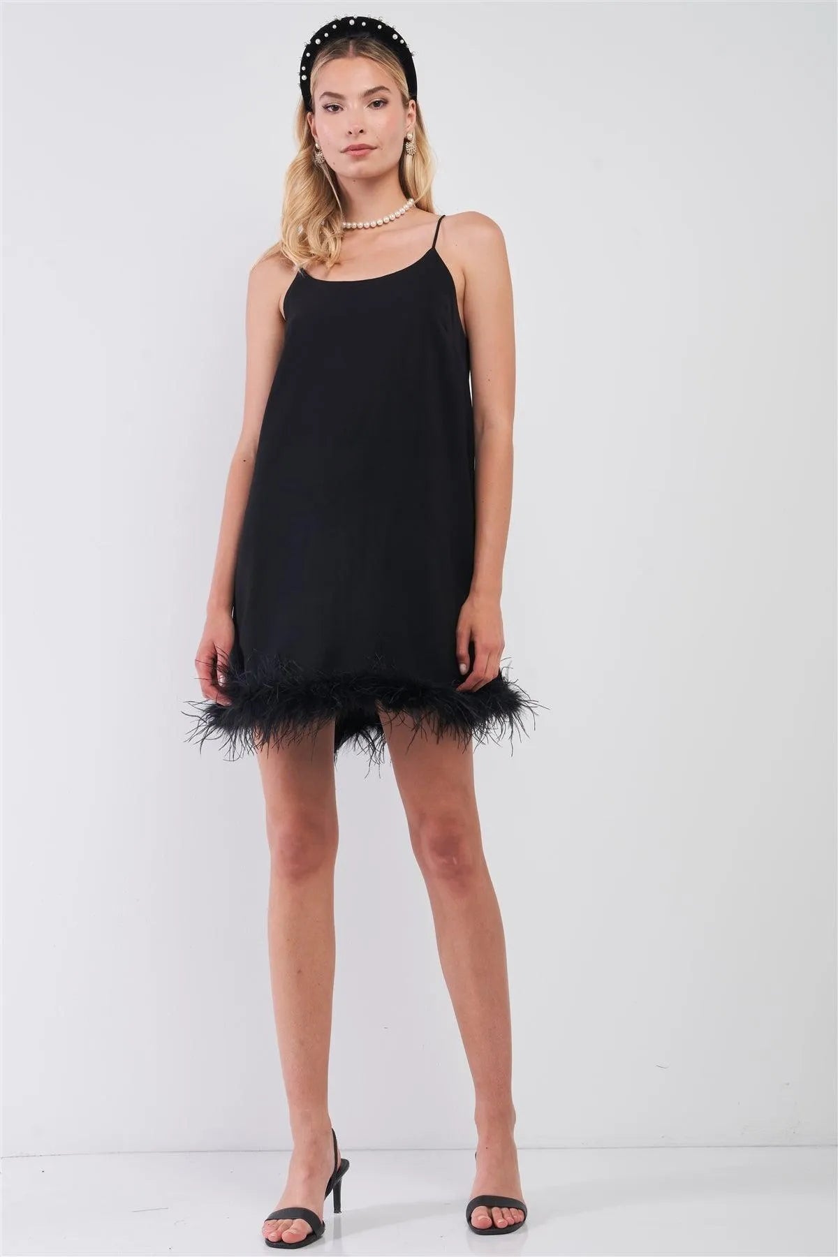 Black Vintage Sleeveless Round Neck Faux Ostrich Feathers Hem Trim Babydoll Mini Dress - Tasha Apparel Wholesale