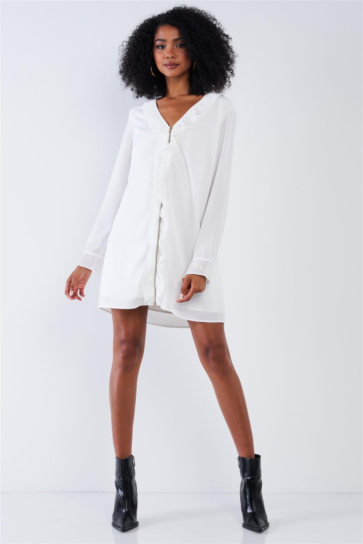 Solid White Classy Loose Fit V-Neck Ruffle Hem Long Sleeve Lined Mini Dress