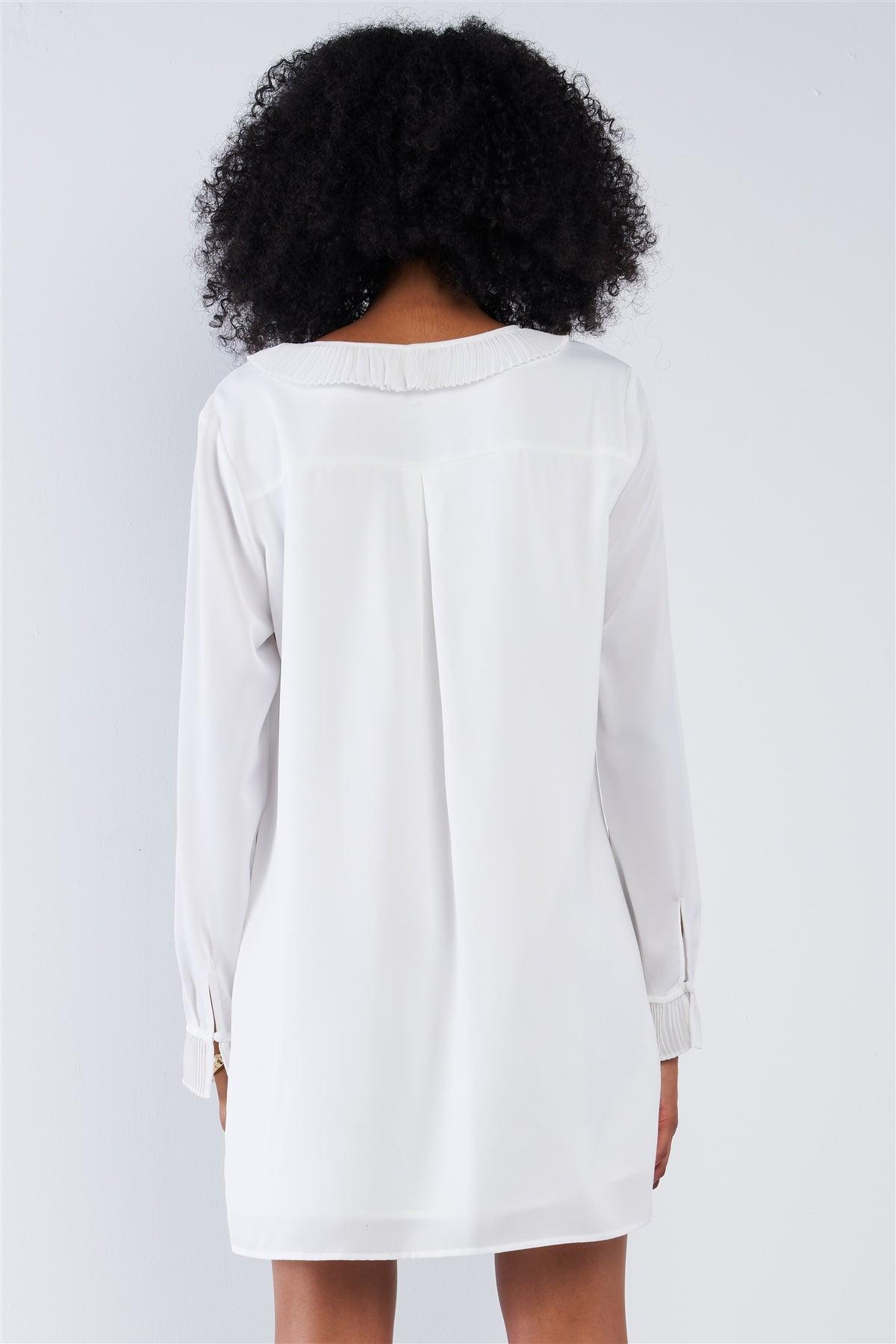 Solid White Classy Loose Fit V-Neck Ruffle Hem Long Sleeve Lined Mini Dress