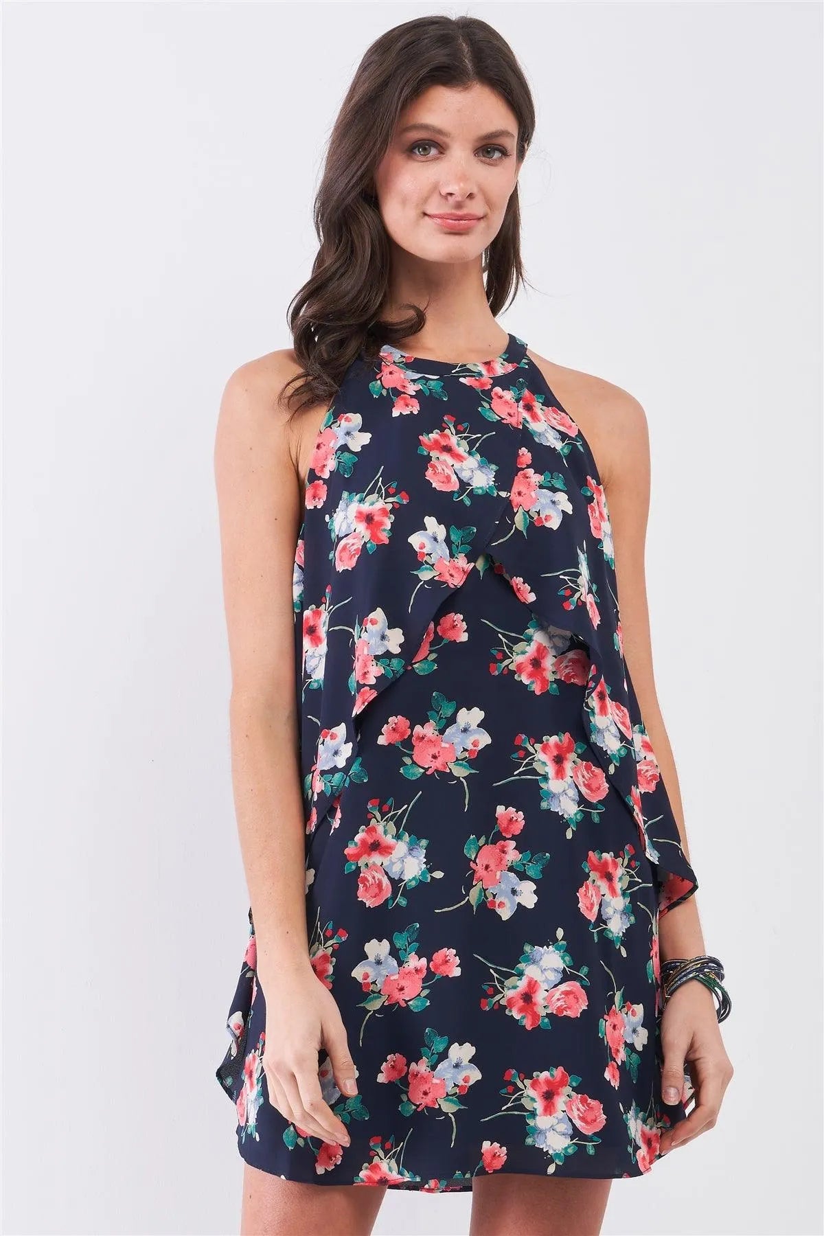 Navy Multi Floral Print Sleeveless High Neck Layered Front Detail Flounce Mini Dress Navy Multi Floral Print Sleeveless High Neck Layered Front Detail Flounce Mini Dress
