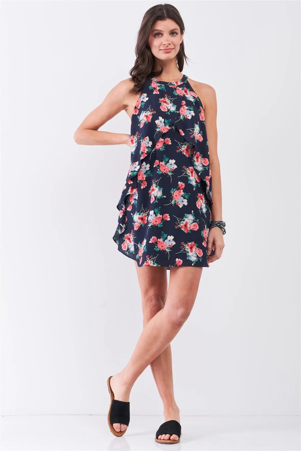 Navy Multi Floral Print Sleeveless High Neck Layered Front Detail Flounce Mini Dress - Tasha Apparel Wholesale