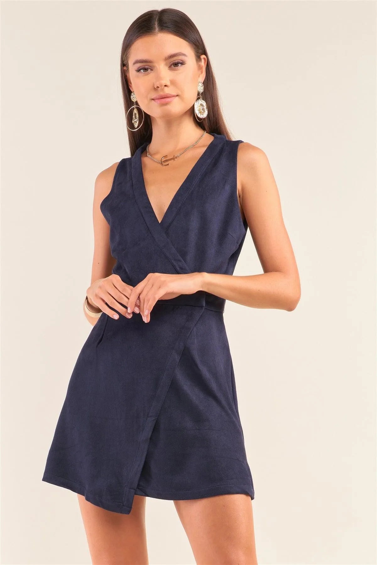 Navy Faux Suede Sleeveless V-Neck Faux Wrap Asymmetrical Skirt Open Back Mini Dress /1-2-2-1 - Tasha Apparel Wholesale