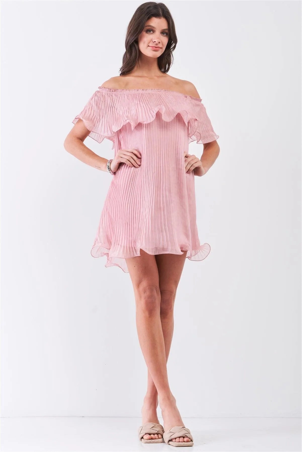 Pink Pleated Off-The-Shoulder Double Layered Frill Trim Mini Dress - Tasha Apparel Wholesale