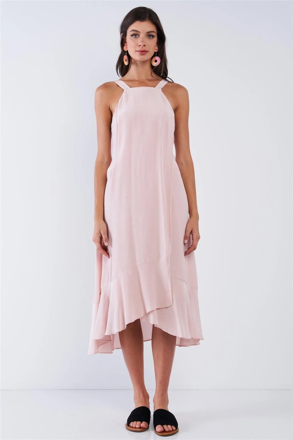 Blush Pink Sleeveless Square Neck Flow Hem Waist Self Tie Midi Dress /2-1-3 - Tasha Apparel Wholesale