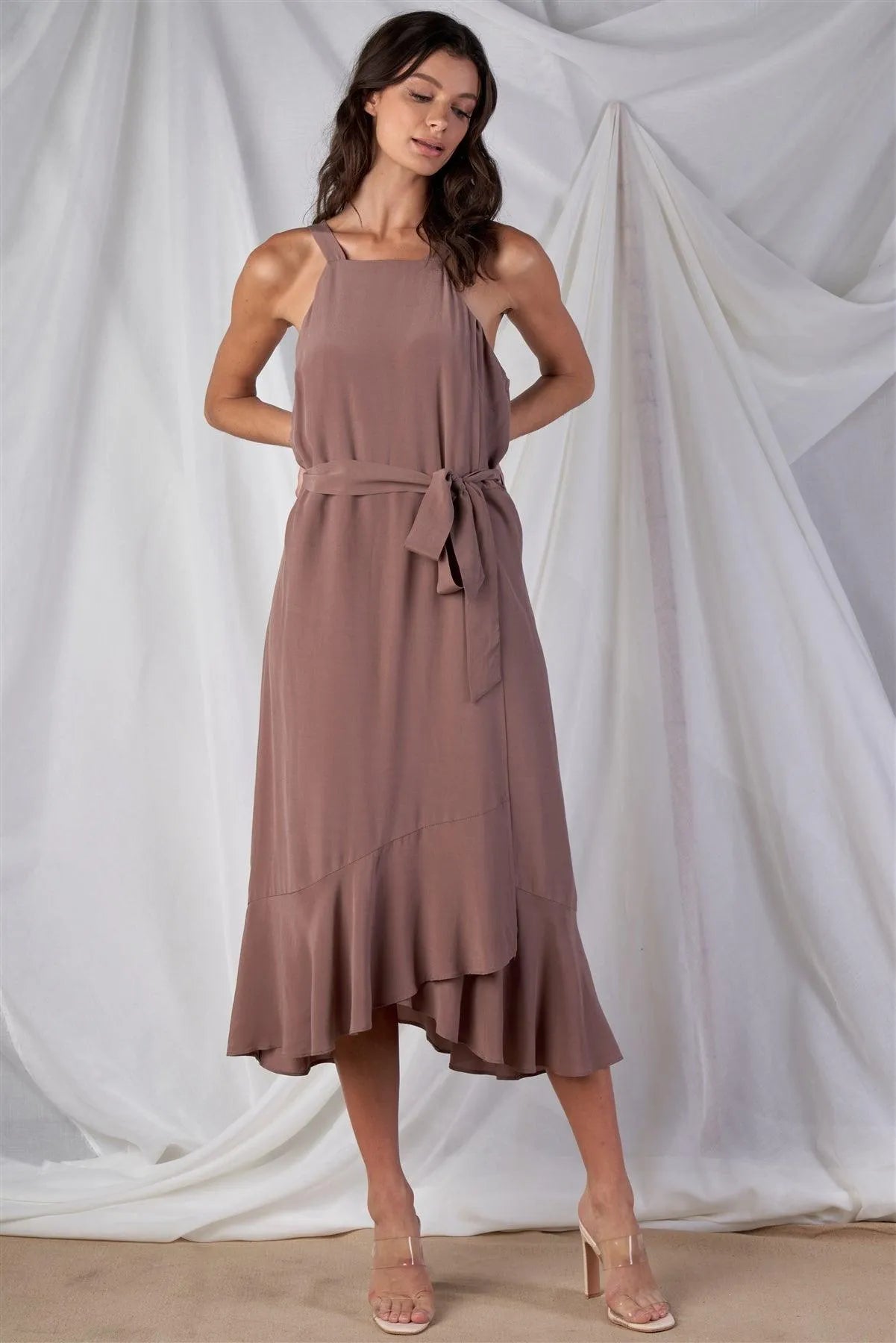 Mocha Sleeveless Square Neck Flow Hem Self Waist Tie Midi Dress /1-2-2-1 - Tasha Apparel Wholesale