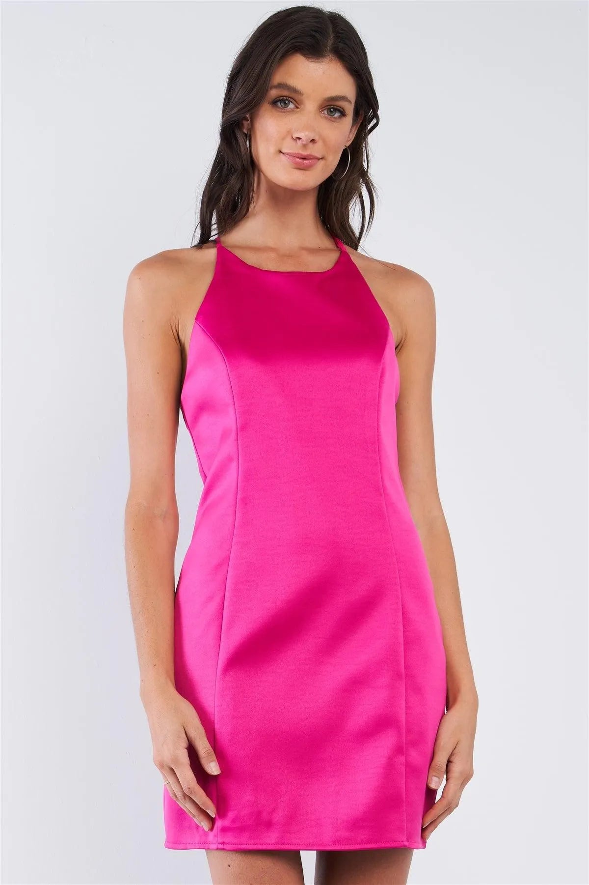 Raspberry Pink Sleeveless V-Neck T-Style Back Halter Tie Slim Fit Mini Tube  Dress /1-2-2-1
