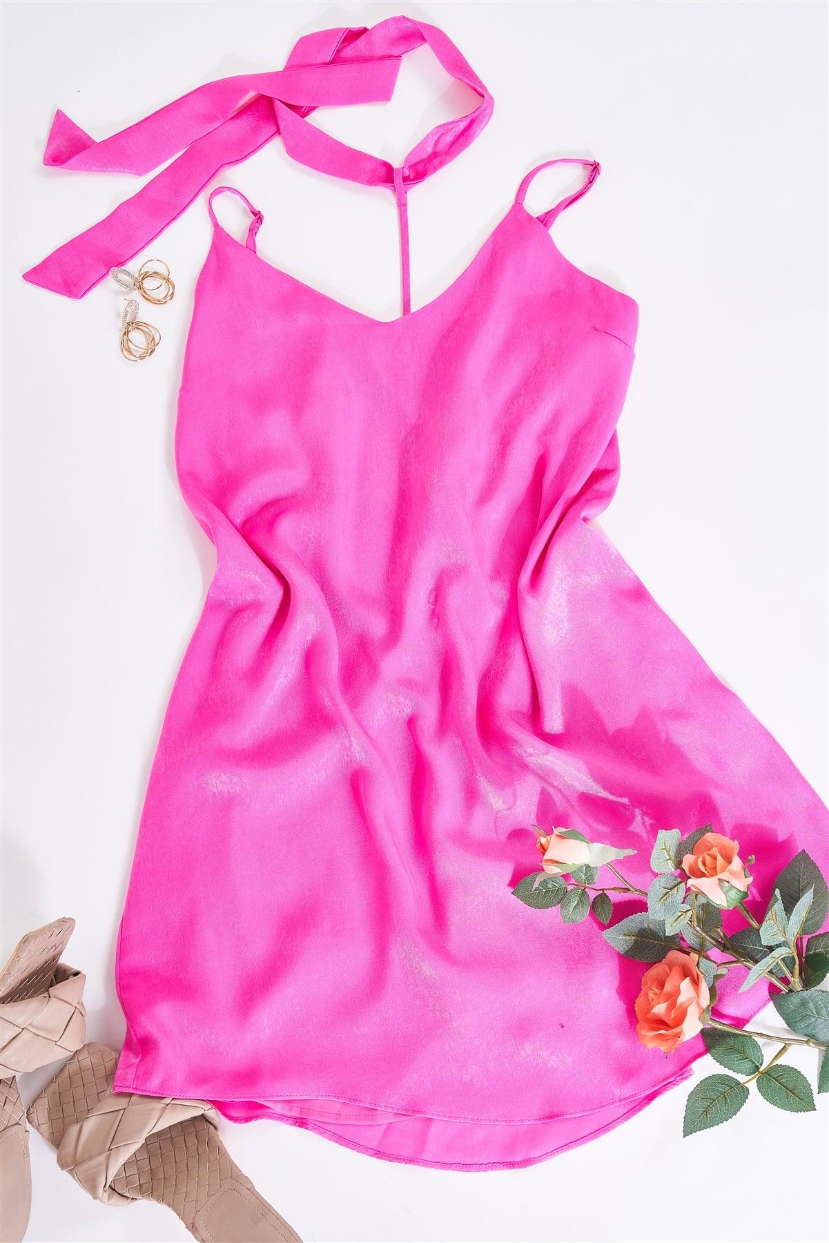 Magenta Pink Satin Relaxed Fit V-Neck Sleeveless T-Shaped Back Strap Mini Dress With Detachable Halter Tie