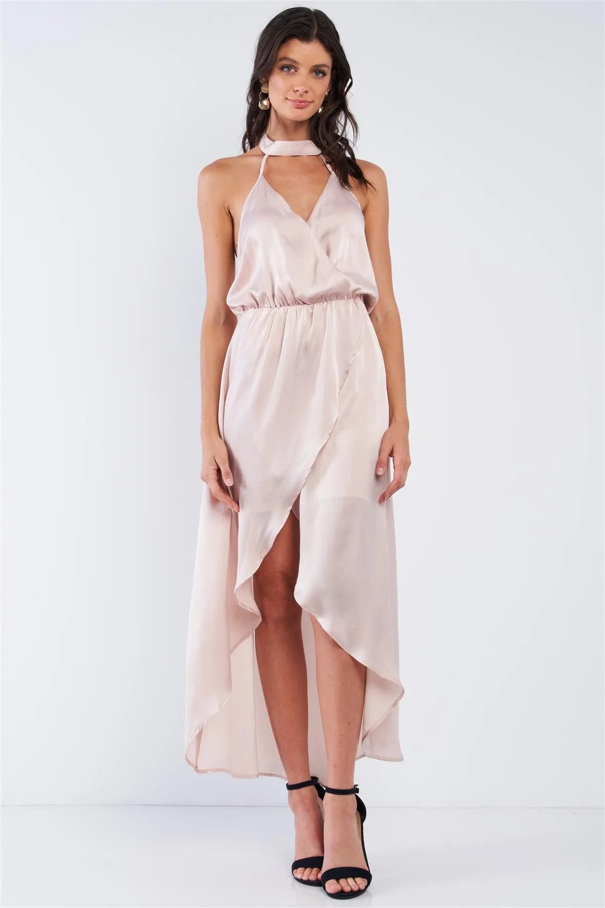 Powder Kiss Beige Satin Elegant Asymmetrical V-Neck Sleeveless Halter Tie Open Back Wrap Midi Dress /1-2-2-1 - Tasha Apparel Wholesale