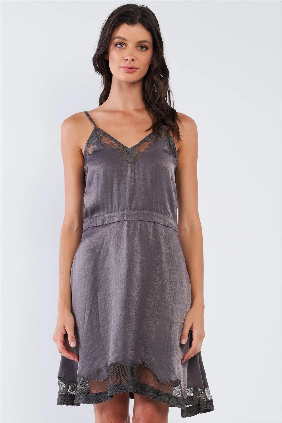 Dark Grey Chic Satin Sleeveless Embroidered Mesh Hem V-Neck Mini Dress Dark Grey Chic Satin Sleeveless Embroidered Mesh Hem V-Neck Mini Dress
