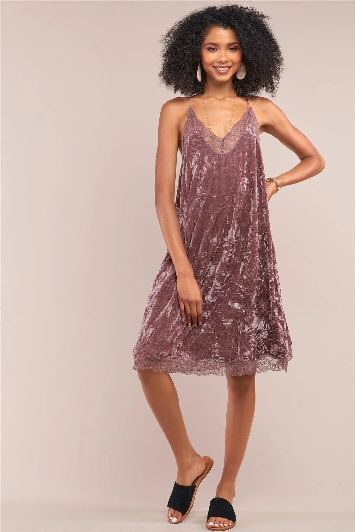 Dusty Lavender Crushed Velvet Vintage Sleeveless Lace Mesh V-Neck Razor Back Slip Dress /2-2-3 - Tasha Apparel Wholesale
