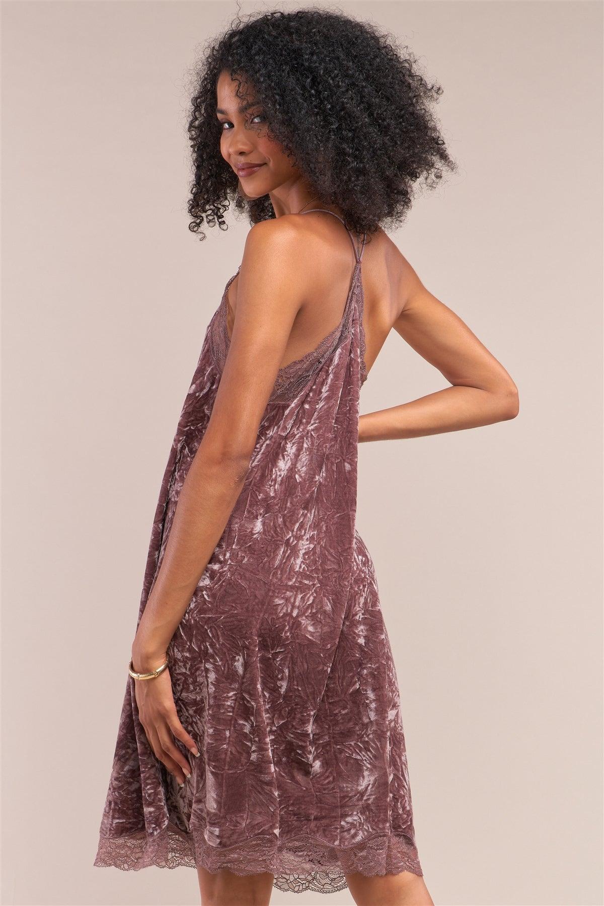 Dusty Lavender Crushed Velvet Vintage Sleeveless Lace Mesh V-Neck Razor Back Slip Dress