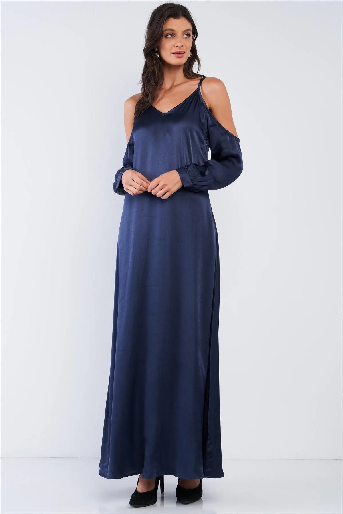 Deep Navy Blue Chic Satin Silk Relaxed Fit V-Neck Off-The-Shoulder Long Sleeve Maxi Dress /1-2-2-1 - Tasha Apparel Wholesale