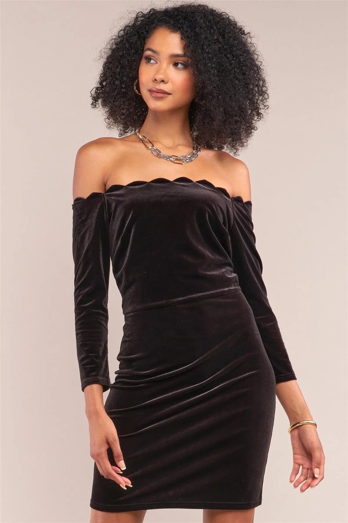 Dark Brown Velvet Off-The-Shoulder Midi Sleeve Scallop Hem Mini Dress /1-2-2-1 - Tasha Apparel Wholesale
