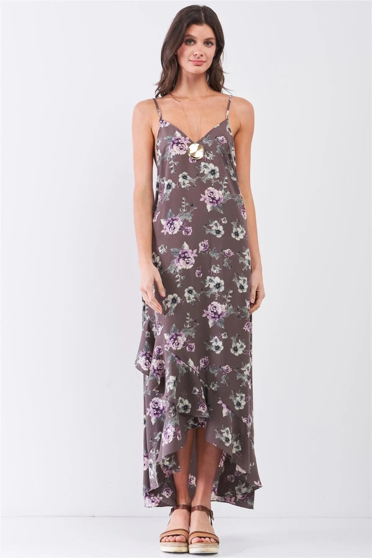 Grey Multi Floral Print Sleeveless V-Neck Asymmetrical Wrap Ruffle Trim Maxi Dress /1-2-2-1 - Tasha Apparel Wholesale