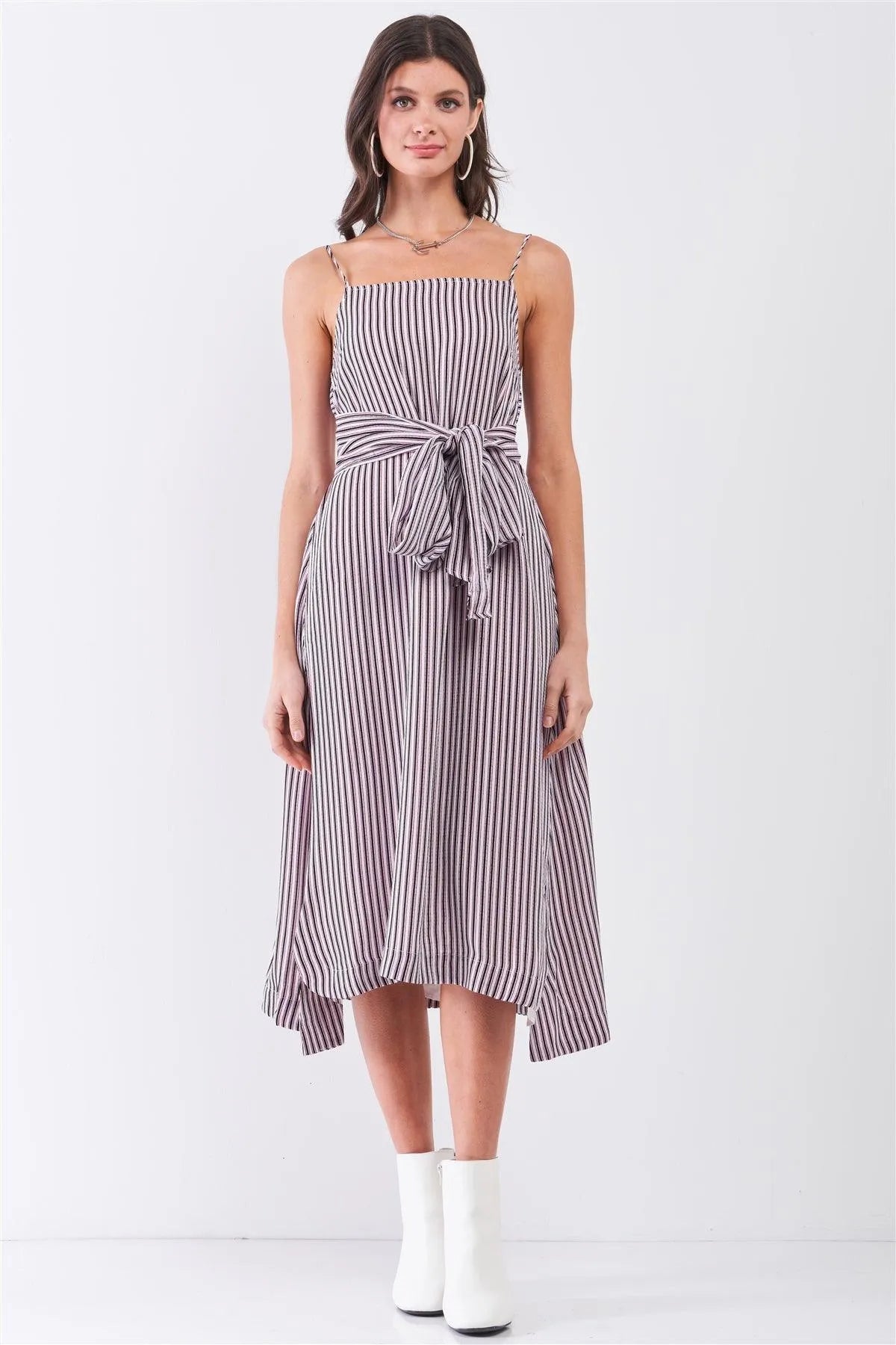White Red Striped Sleeveless Square Neck Long Self-Tie Waist Detail Maxi Dress - Tasha Apparel Wholesale