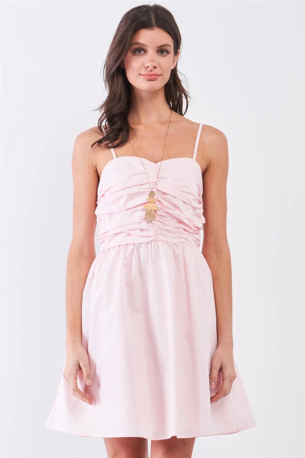 Baby Pink Sleeveless Sweetheart Neck Gathered Top Detail Mini Dress /4-2 - Tasha Apparel Wholesale