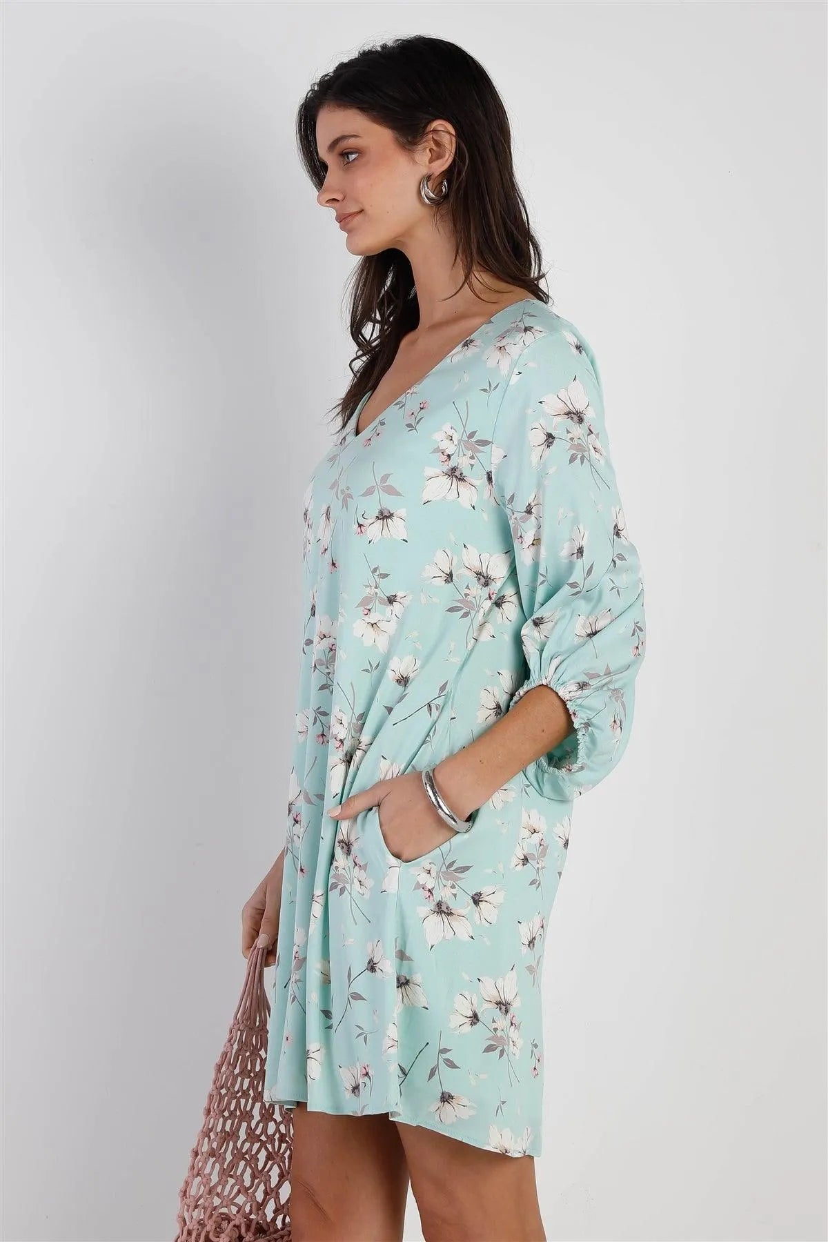 Mint Floral Print V-Neck Balloon Midi Sleeve Mini Dress /1-2-2 - Tasha Apparel Wholesale
