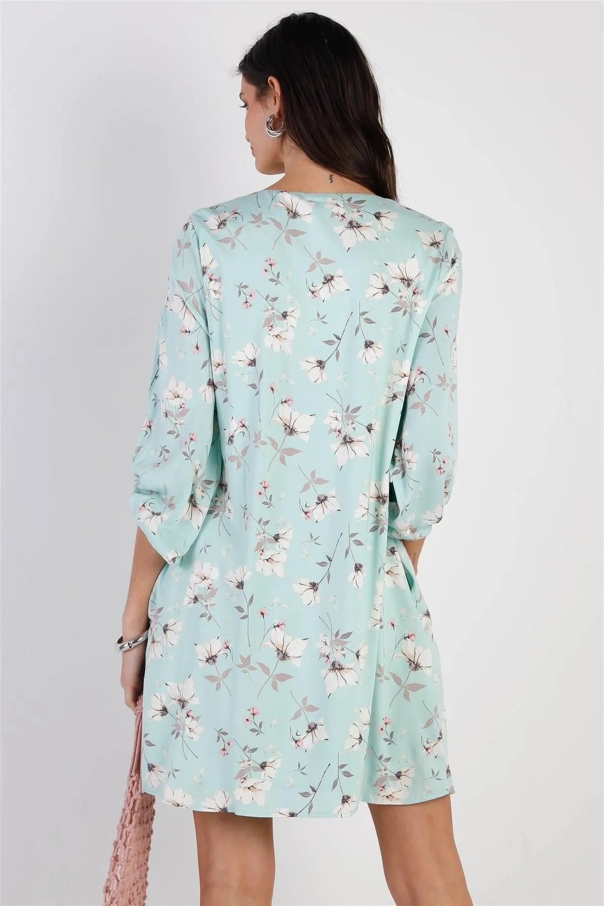 Mint Floral Print V-Neck Balloon Midi Sleeve Mini Dress /2-2-2 - Tasha Apparel Wholesale