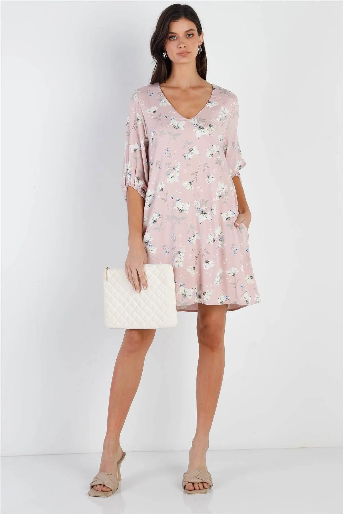 Pink Floral Print V-Neck Balloon Midi Sleeve Mini Dress - Tasha Apparel Wholesale