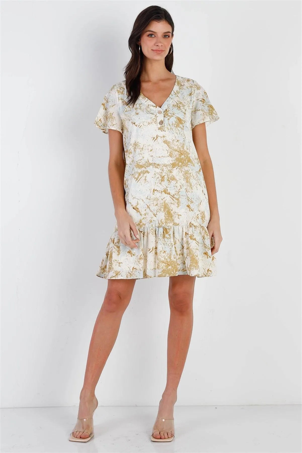 Olive & Taupe Color Paint Print Ruffle Hem Button Up Detail Mini Dress /3-2-1 - Tasha Apparel Wholesale