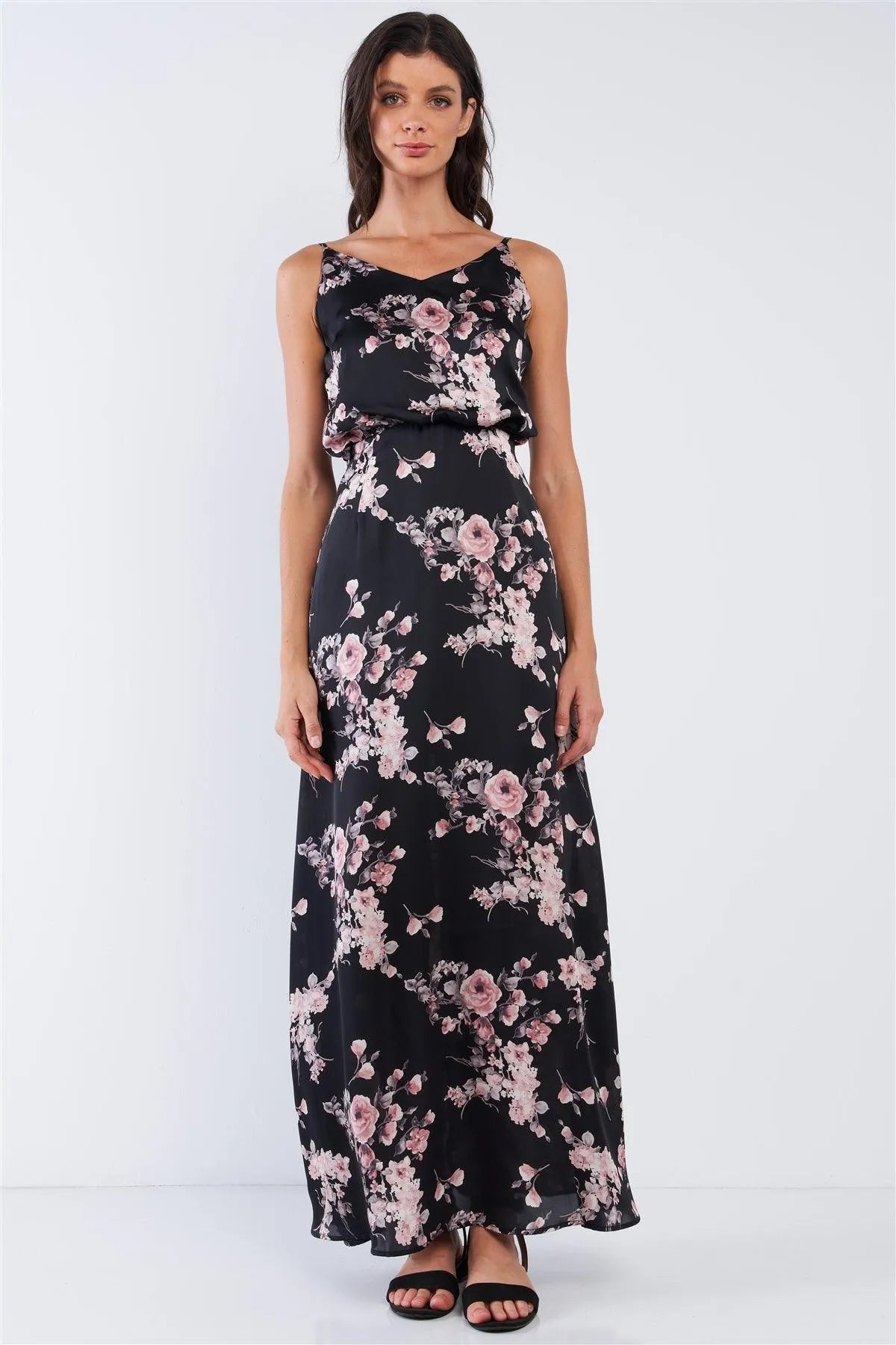 Black Multicolor Satin Floral Print Sleeveless V-Neck Self-Tie Back Detail Tube Maxi Dress - Tasha Apparel Wholesale