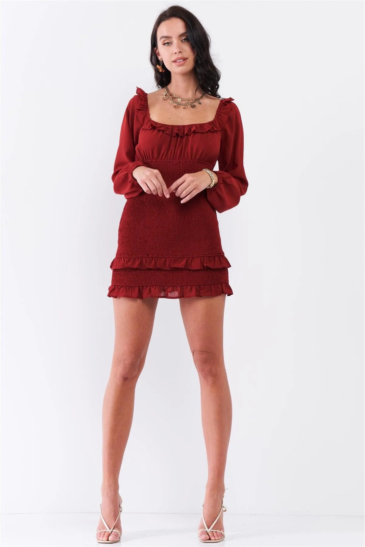 Crimson Red Smock Corset Detail Ruffle Hem Off-The-Shoulder Balloon Sleeve Mini Dress /3-2-1 - Tasha Apparel Wholesale