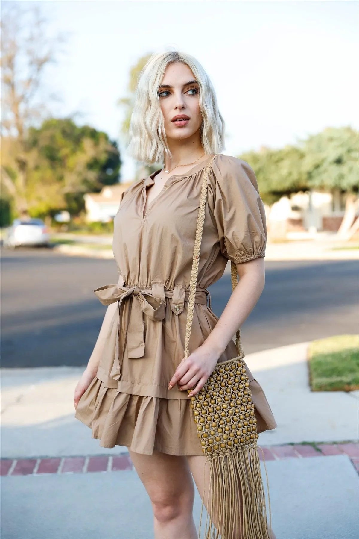 Sand Cotton Puff Short Sleeve Waist Tie Mini Dress /3-2-1 - Tasha Apparel Wholesale