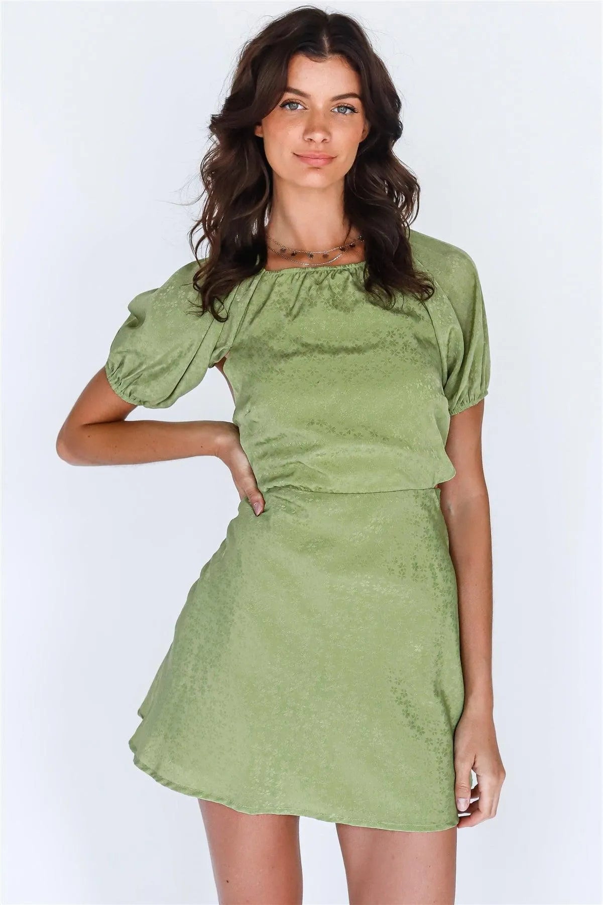 Light Green Satin Effect Floral Print Open Back Self-Tie Detail Balloon Short Sleeve Mini Dress /3-2-1 Light Green Satin Effect Floral Print Open Back Self-Tie Detail Balloon Short Sleeve Mini Dress /3-2-1