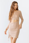 Nude Ribbed Cut-Out Long Sleeve Ruched Mini Dress S-M-L/3-2-1