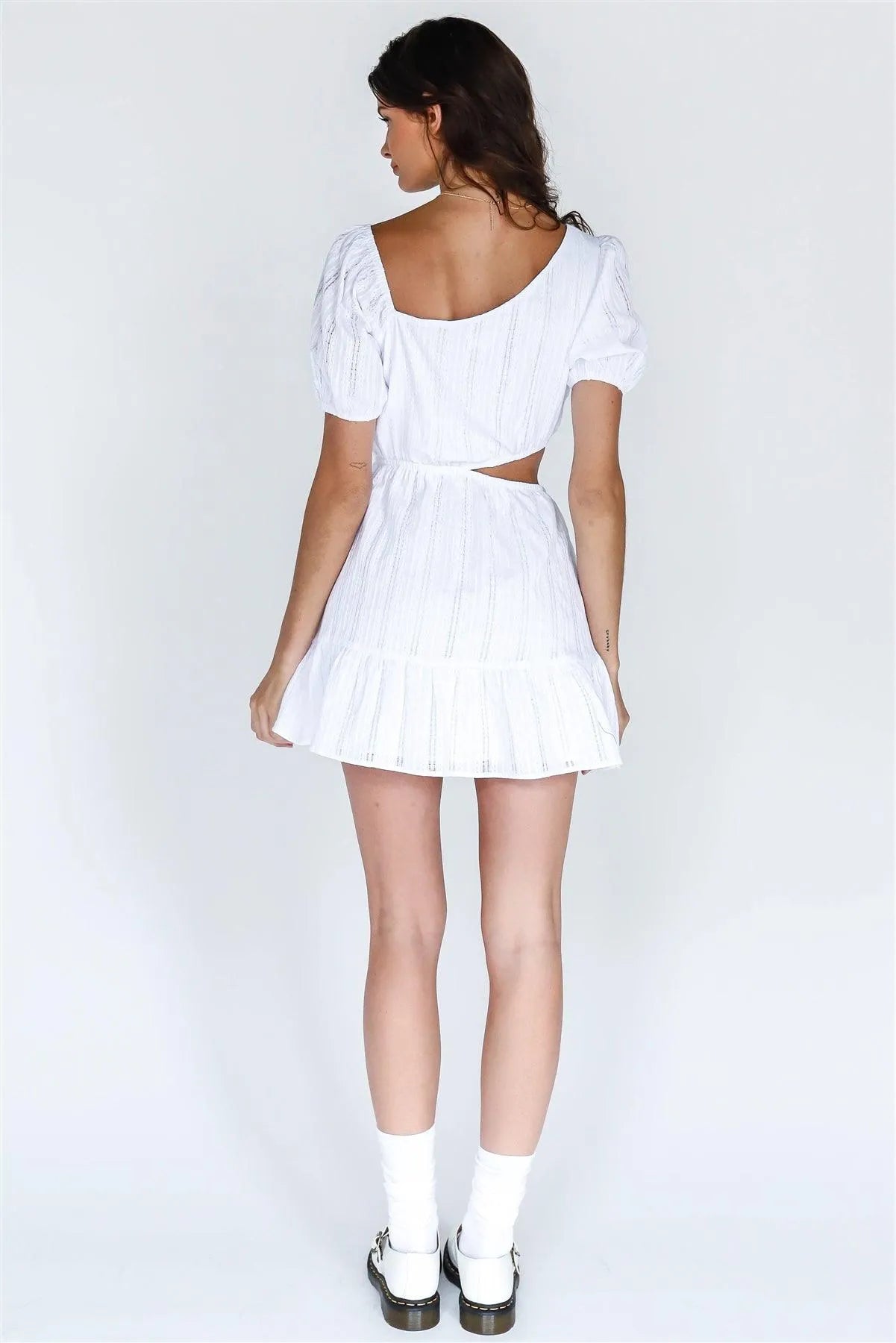 White Cotton Embroidered Asymmetrical Neck Cut-Out Mini Dress /3-2-1 - Tasha Apparel Wholesale