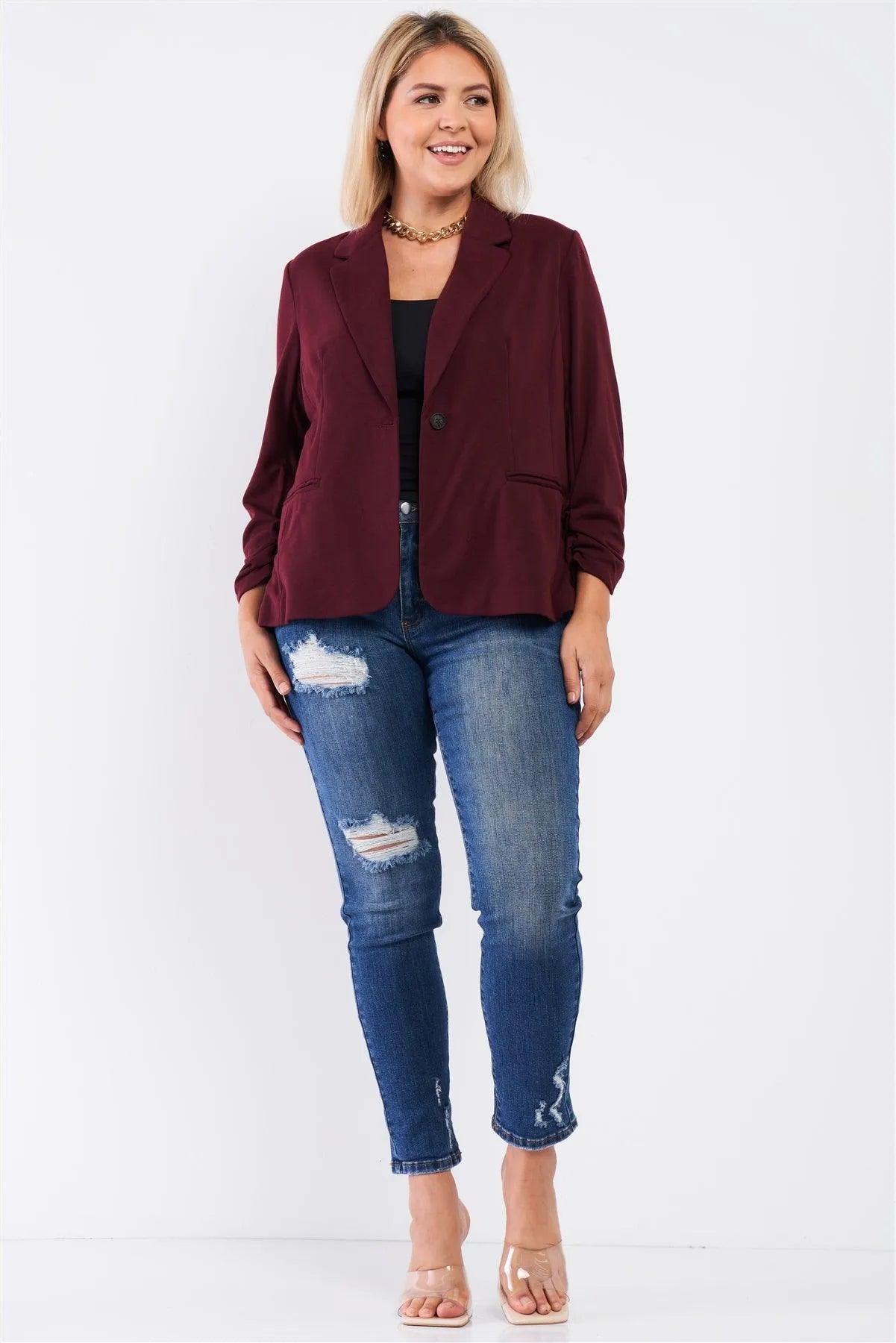 Junior Plus Burgundy 3/4 Drawstring Sleeve One Button Fitted Blazer /1-1-1 - Tasha Apparel Wholesale