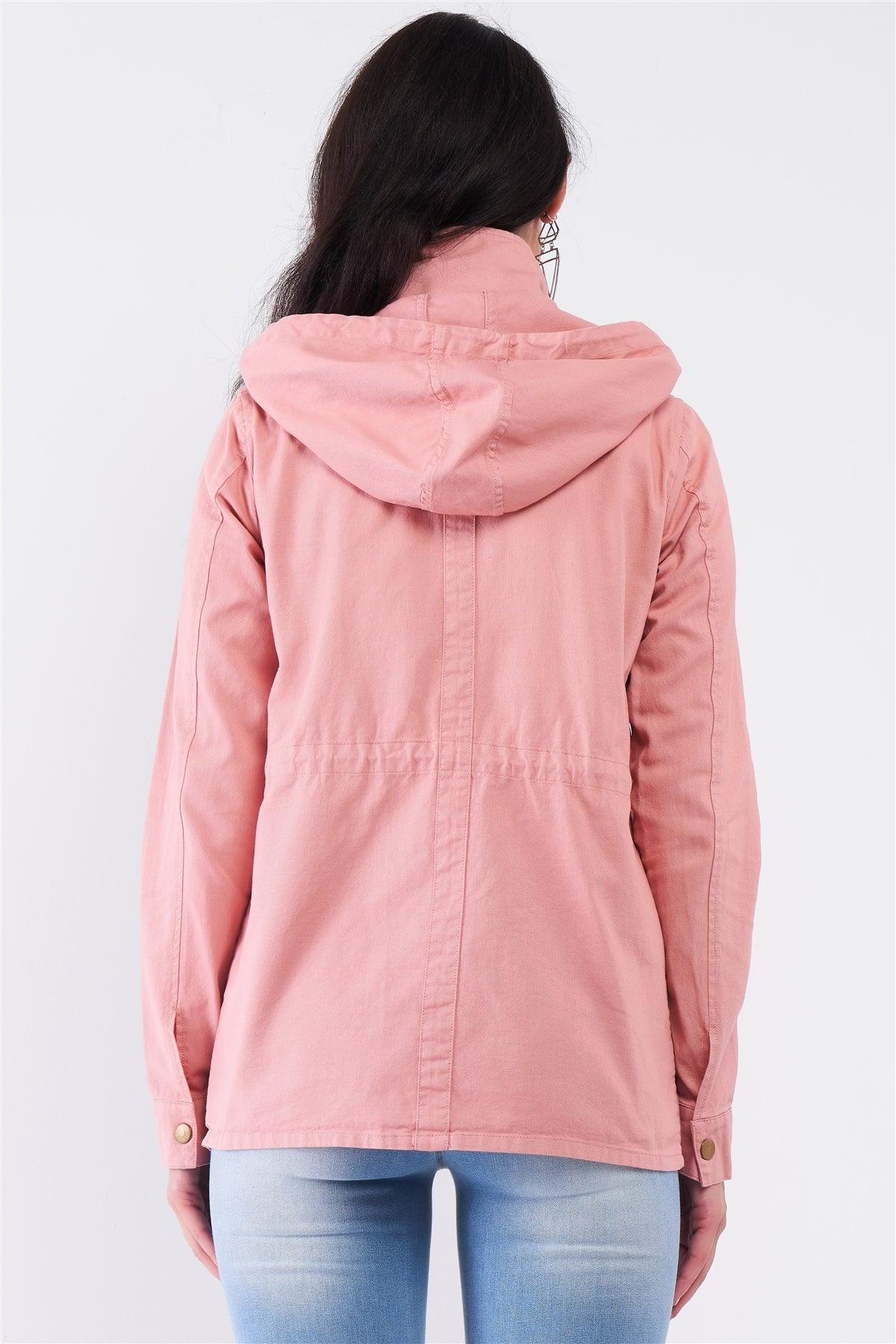 Washed Blush Pink Cotton Front Zip-Up & Button Down Detachable Hood Detail Utility Jacket
