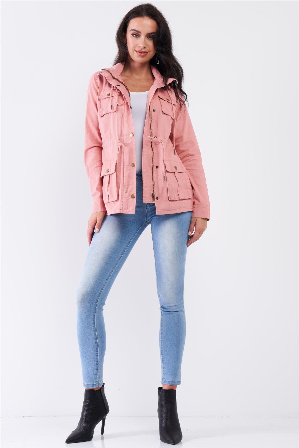 Washed Blush Pink Cotton Front Zip-Up & Button Down Detachable Hood Detail Utility Jacket