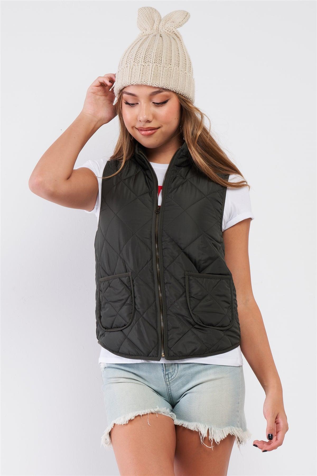 Olive Quilted Puff Two Pockets Zip-Up Turtleneck Vest