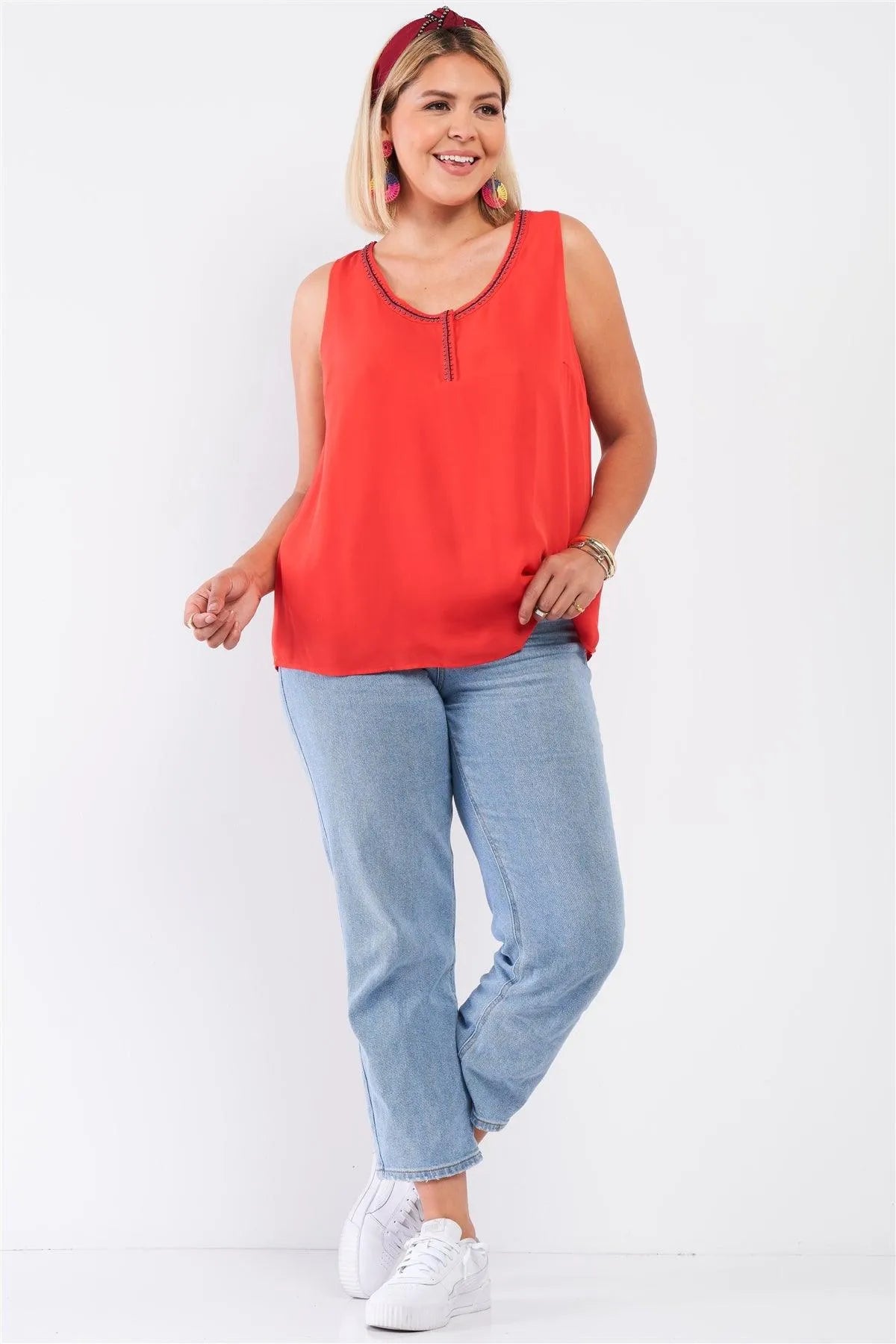 Junior Plus Blood Orange Embroidery Neckline Sleeveless Round Neck Loose Fit Top /2-3-1 - Tasha Apparel Wholesale