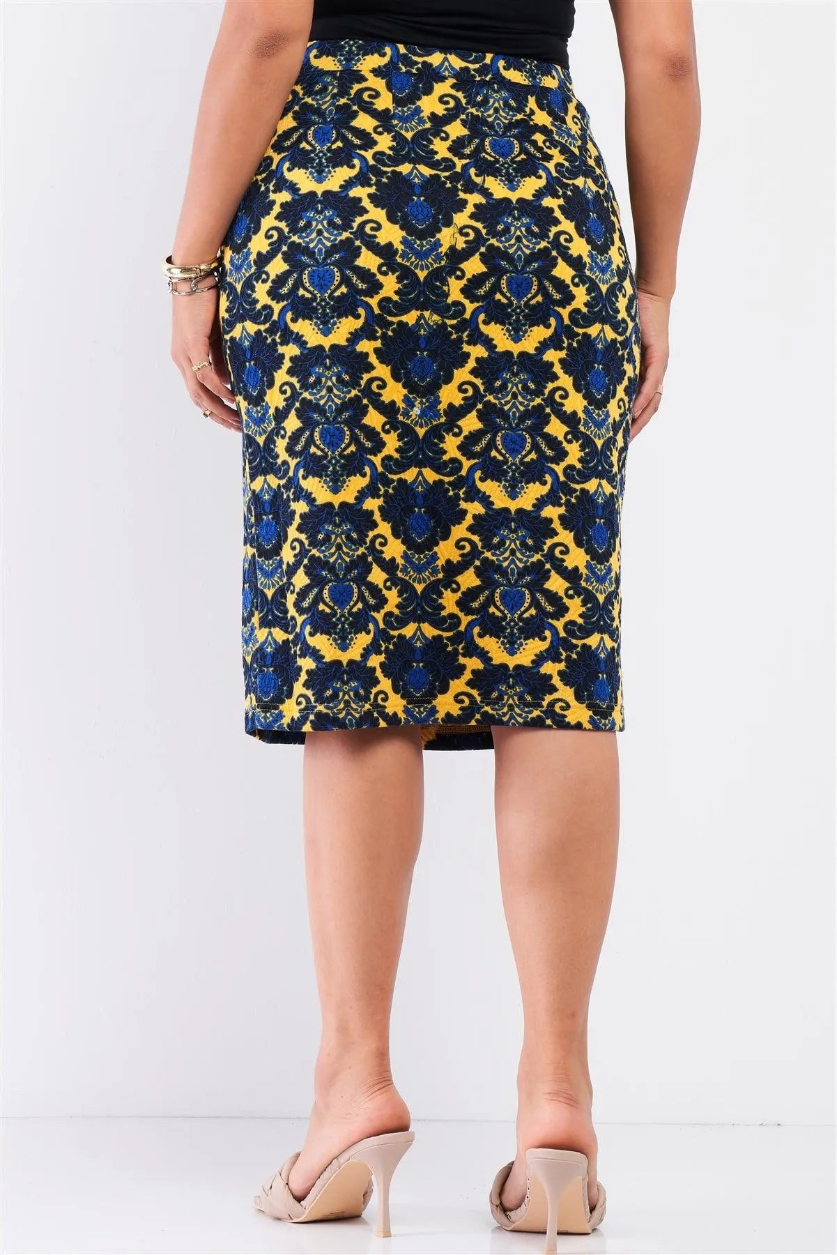 Junior Plus Yellow Blue And Black Damask Print High Waisted Mini Pencil Skirt /3-1-2 - Tasha Apparel Wholesale