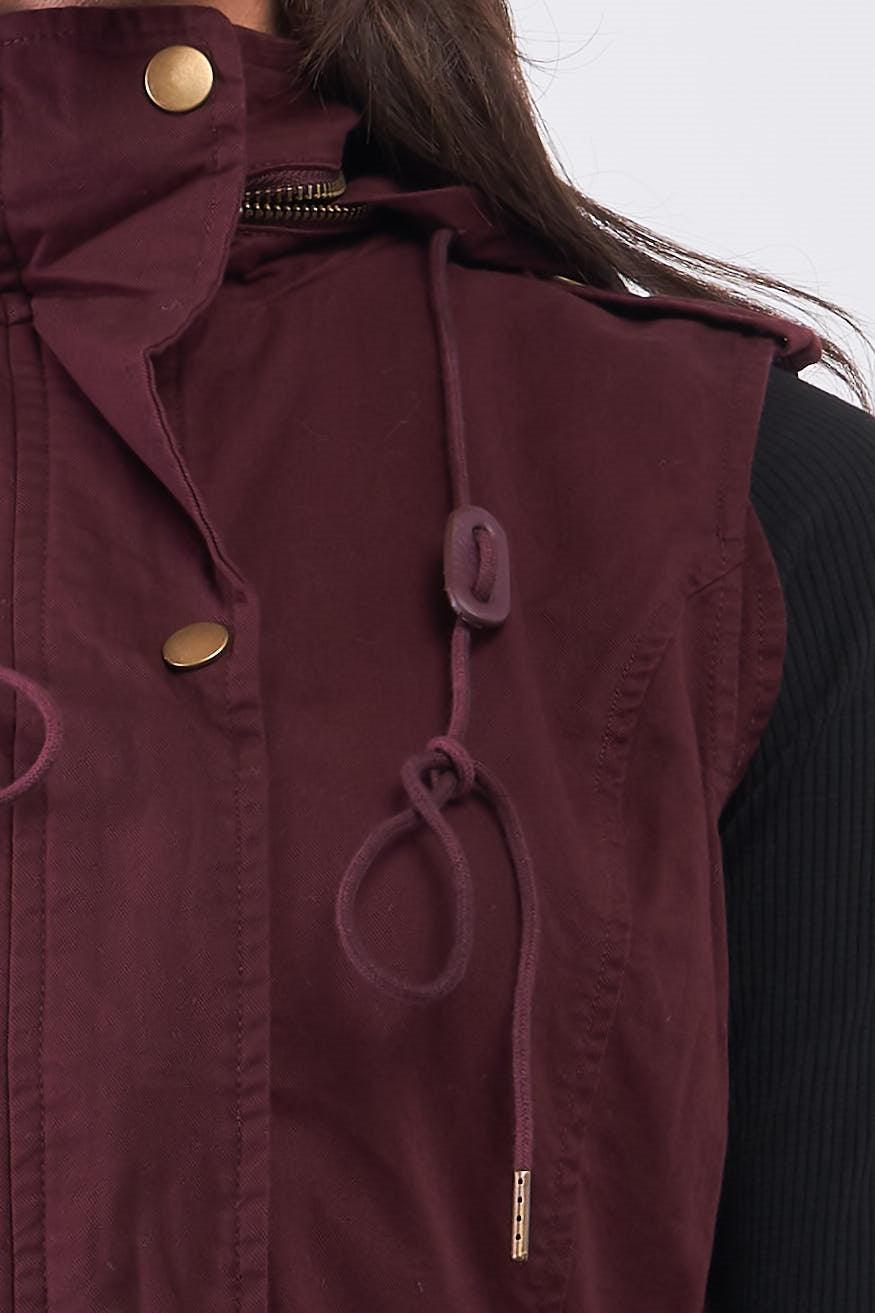 Burgundy Sleeveless Foldable Detachable Hood Detail Parka Utility Vest