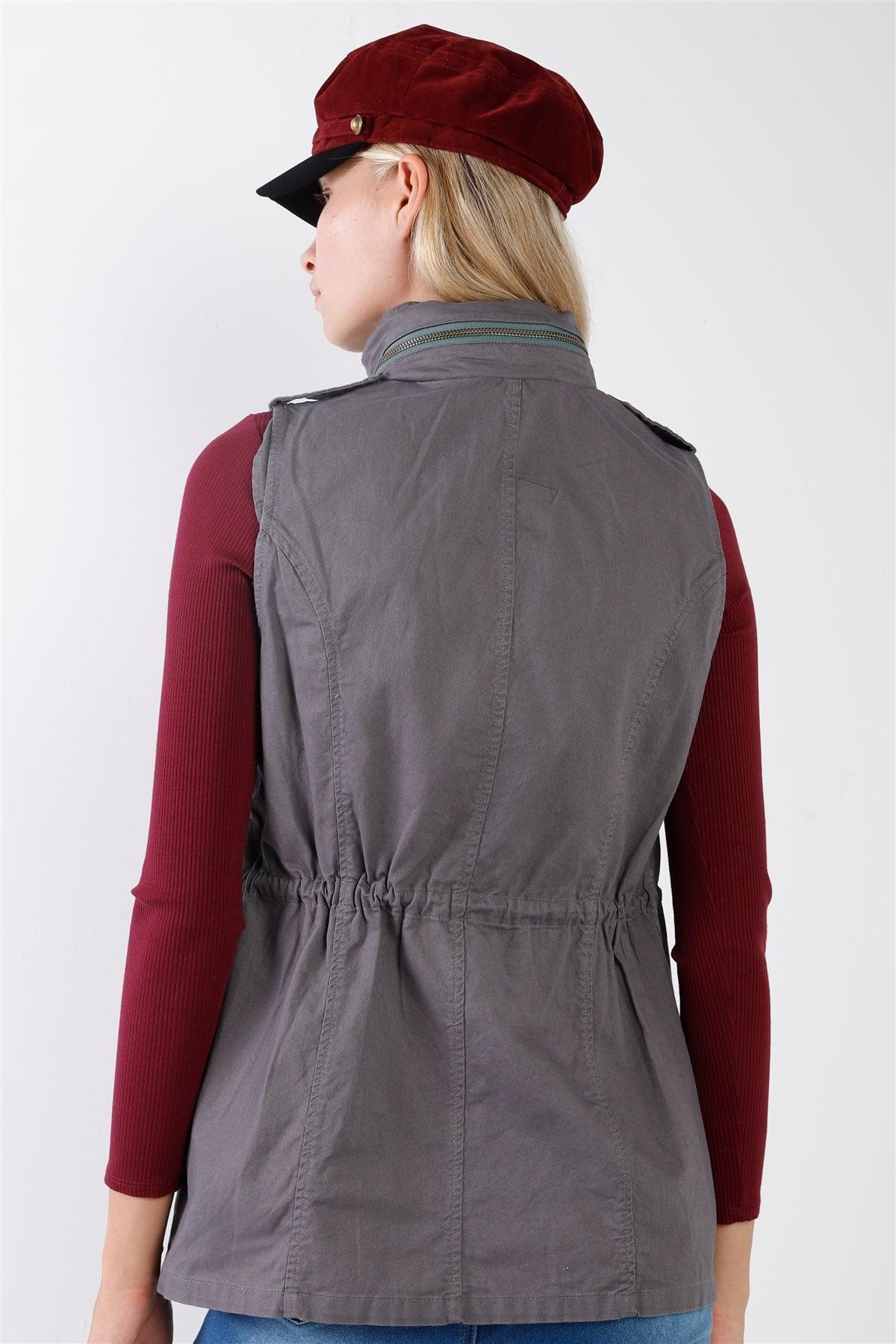Grey Sleeveless Foldable Detachable Hood Detail Parka Utility Vest