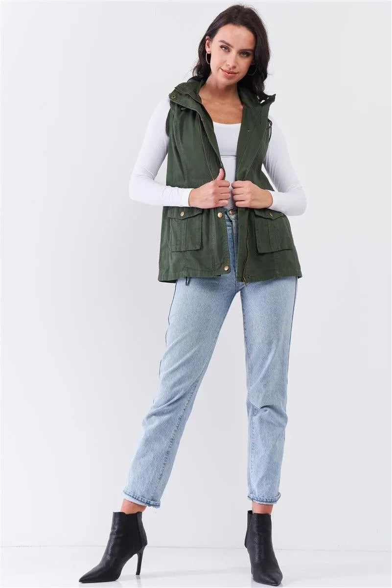 Olive Military Sleeveless Detachable Hoodie Vest Jacket - Tasha Apparel Wholesale
