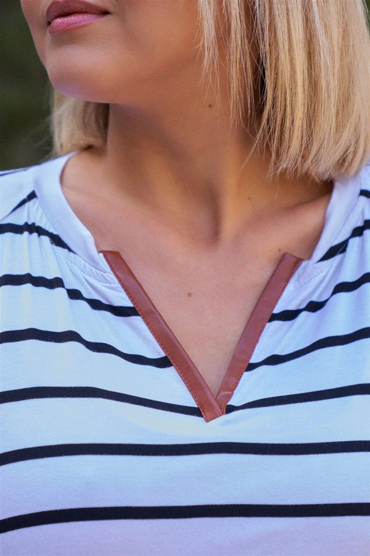 Junior Plus White & Black Striped V-Neck With Vegan Leather Detail Short Roll Up Sleeve Relaxed Fit Top /2-2 - Tasha Apparel Wholesale