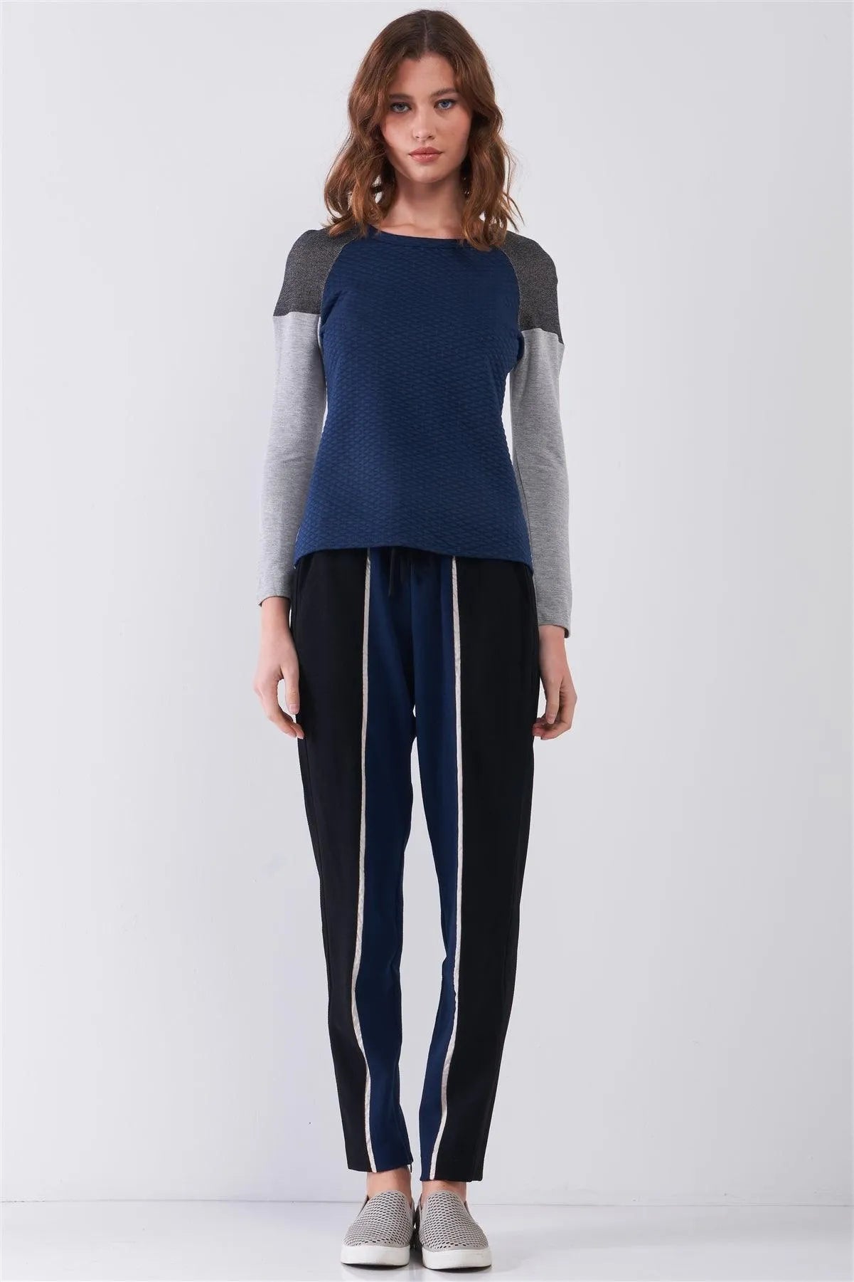 Navy & Grey Colorblock Round Neck Quilted Long Sleeve Sweatshirt /2-2-1-1 - Tasha Apparel Wholesale