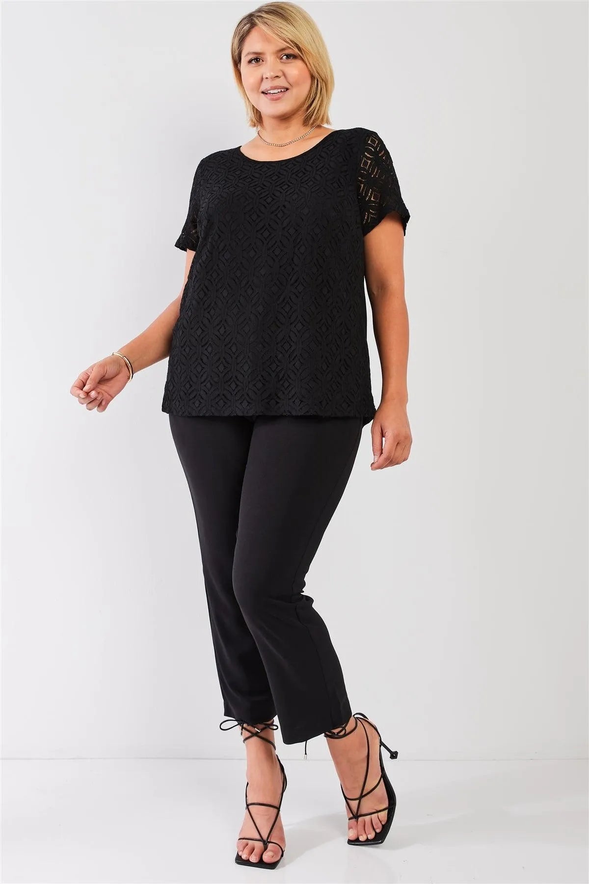 Junior Plus Black Round Neck Short Sleeve Lace Embroidery Top - Tasha Apparel Wholesale